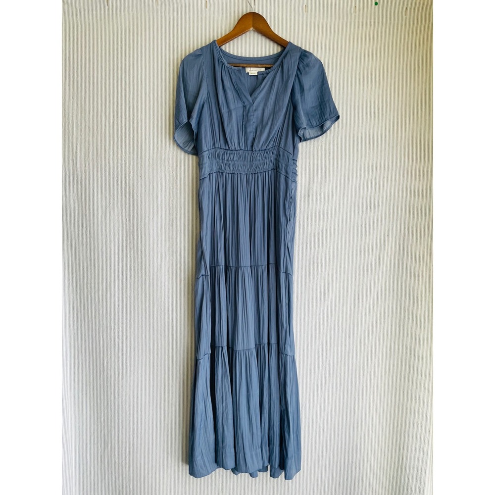 Anthropologie Blue Pleated Tiered Maxi Dress Smocked Waist Pockets S